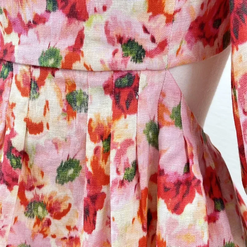 Minivestido de lino con estampado Floral rojo para mujer, minivestido de media manga con Espalda descubierta, cintura recortada, cuello cuadrado, alta calidad, 2025