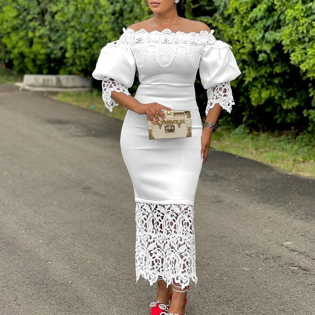 Dashiki African Women Gown Hollow Out Party Dress Sexy Long Sleeve Round Neck Ladies Elegant Solid Pullover High Waist 2024