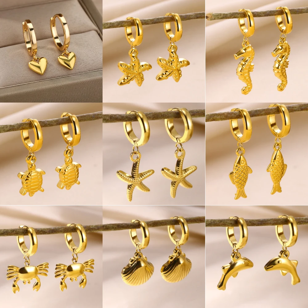 Freshwater Ocean Starfish Shell Hoop Earrings For Women Elegant Stainless Steel Gold Color Aretes Christmas jewelry accessories