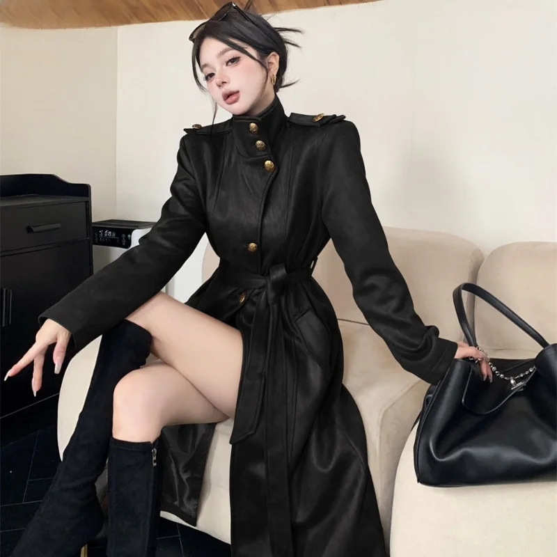 

Korean Fashion Black PU Leather Trench Coat Women Casual Moto Biker Long Jackets Y2k Vintage Female Streetwear Autumn Clothes