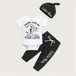 Baby Boy Summer Letter Printed Pure Cotton Short Sleeved+gray Pants+hat Three Piece Set