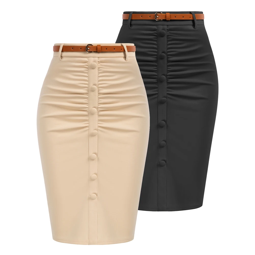 

BP 2pcs Vintage Skirt With Belt High Waist Front Slit Ruched Pencil Skirt OL Elegant Temperament Korean Style Lady Skirts