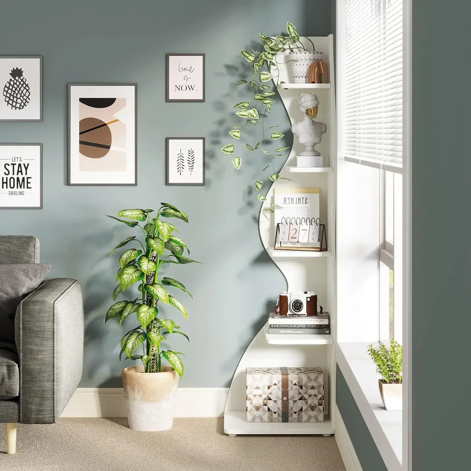 Modern 5 Tier Wall Corner Bookshelf Stylish Small Bookcase Storage Rack Plant Stand For Living Room Home Office