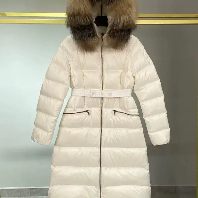 

Winter New Large Fur Collar Belt Thickened White Duck Down Jacket Women's Mid-length Down Coats Warm Slim Puffer Jacket Women