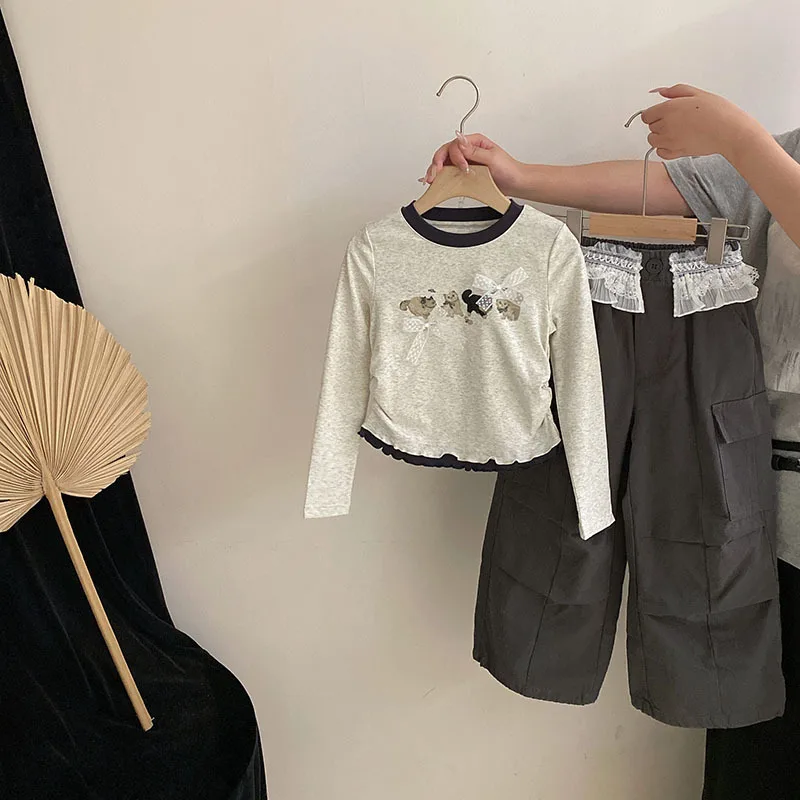 

Girls Autumn 2025 New Bow Kitten Printed Top Versatile Casual Overalls Two-piece Set