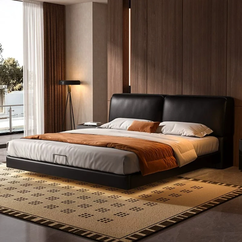Modern luxury big black cow leather suspended double wedding double bed 2 people bedroom beds and bed frames 180x200cm furniture