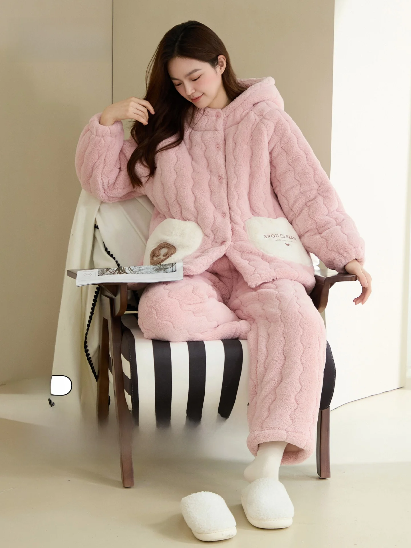 Thickened Cotton Sleepwear Women's Fleece Lined Hooded Home Clothes Pink Set Winter New Style Outwear Suitable for Youth Females