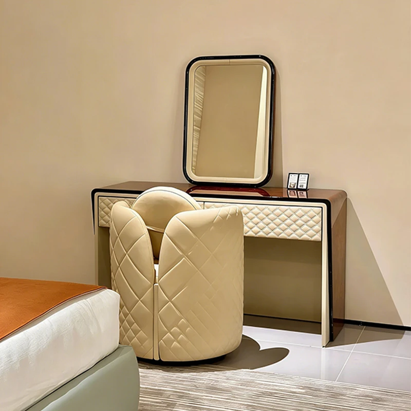 Sophisticated Wood Veneer Vanity Microfiber Leather Furniture Dressing Table Set High-End Villa & Hotel Furniture