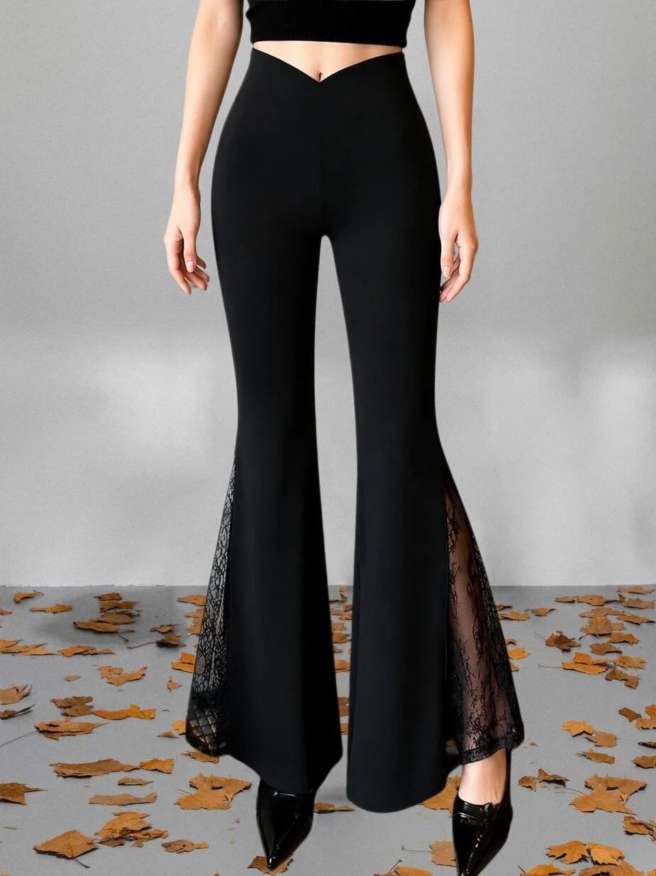 High Waist Lace Patchwork Casual Pants Women's Summer New Fashion Versatile Side Slit Micro Flared Pants Skin-friendly Breath...