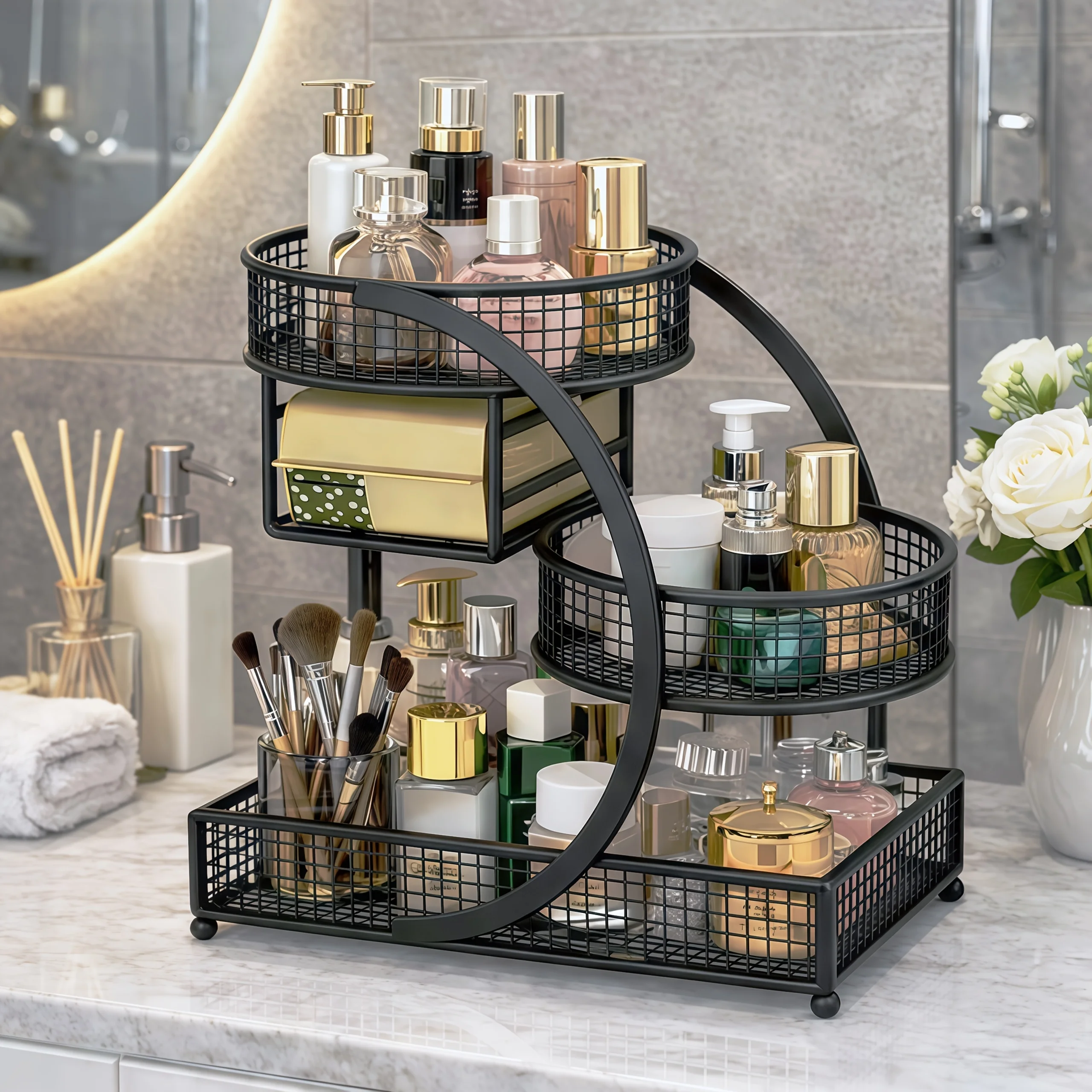 1 piece lightweight metal cosmetic organizer that requires no installation (beauty tools included for free) - Spiral design vani