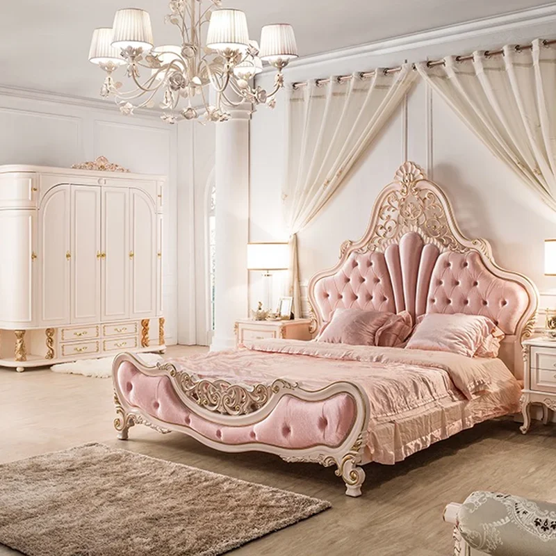 French Style Double Bed Elegant Pretty Pink Princess Bed Luxury Villa Cama Matrimonial Queen Bedroom Furniture Set