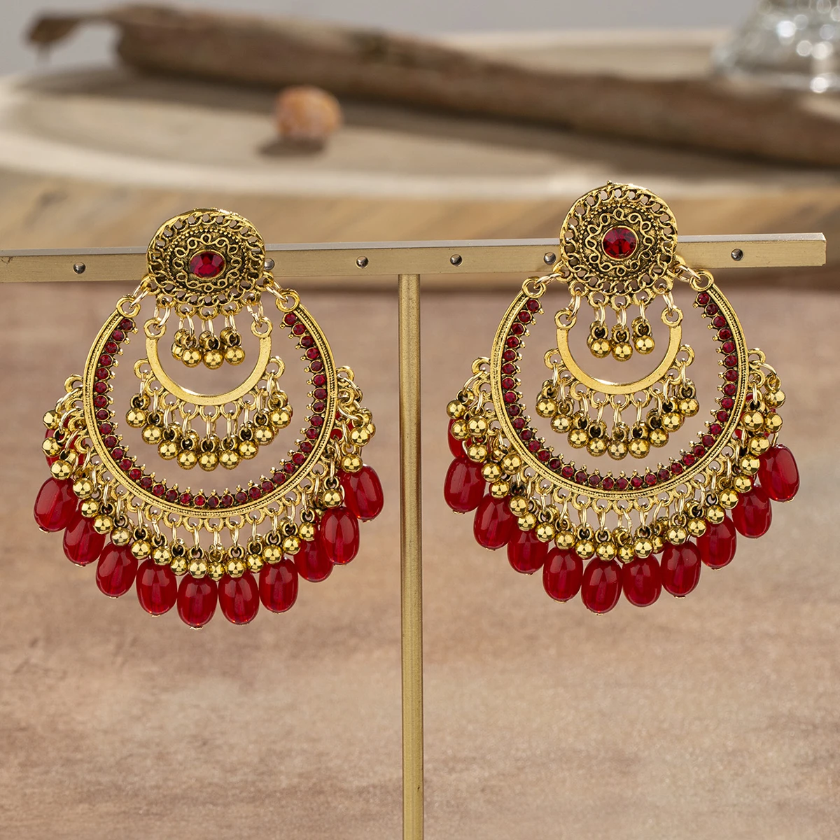 Vintage Women\'s Big Round Hollow Earrings Indian Jewelry Gypsy Gold Plated Beads Tassel Wedding Earrings Jhumka Bohemia Jewelry