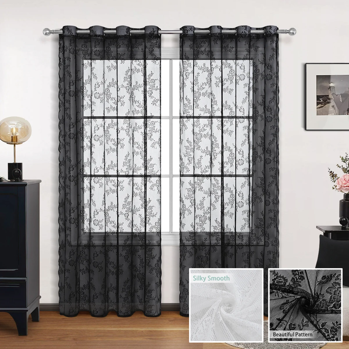 Lace Curtain Floral Patterned Black Lace Sheer Curtain Airy Sunscreen Thin Dustproof Washable Decorative Tear Resistant for Home