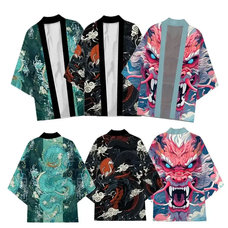 

Japanese Traditional Samurai Kimono Men Women Anime Dragon Printed Green Loose Cardigan 3/4 Sleeve Harajuku Haori Coaplay Shirt