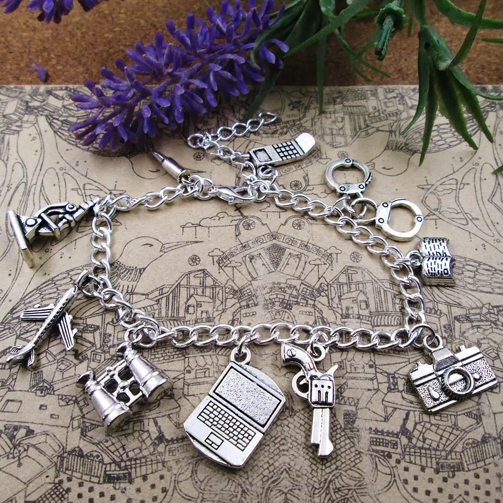 Tv Show Crimal Gun Computer Handcuffs  Plane Camera Mroscope Phone Inspired  Charm Bracelet Pendant Bracelets