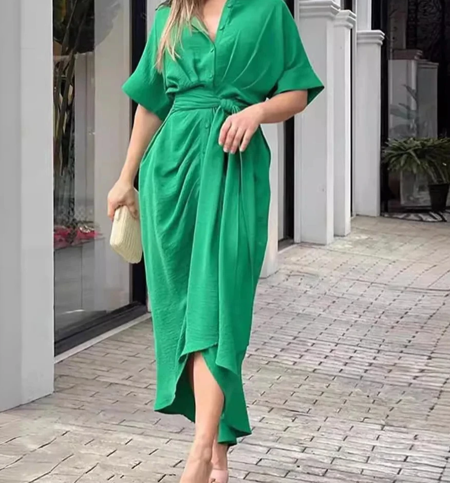 High Waisted Lady Shirt Dress for Women Clothing Summer Classic Casual Slim Short Sleeve Women