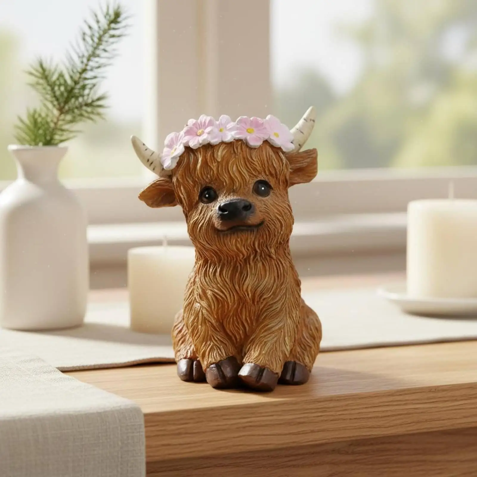 Lifelike Resin Cow Figurine Scottish Cattle Calf Ornament Handcrafted Statue for Entryway Desk Rustic Modern Home Decor