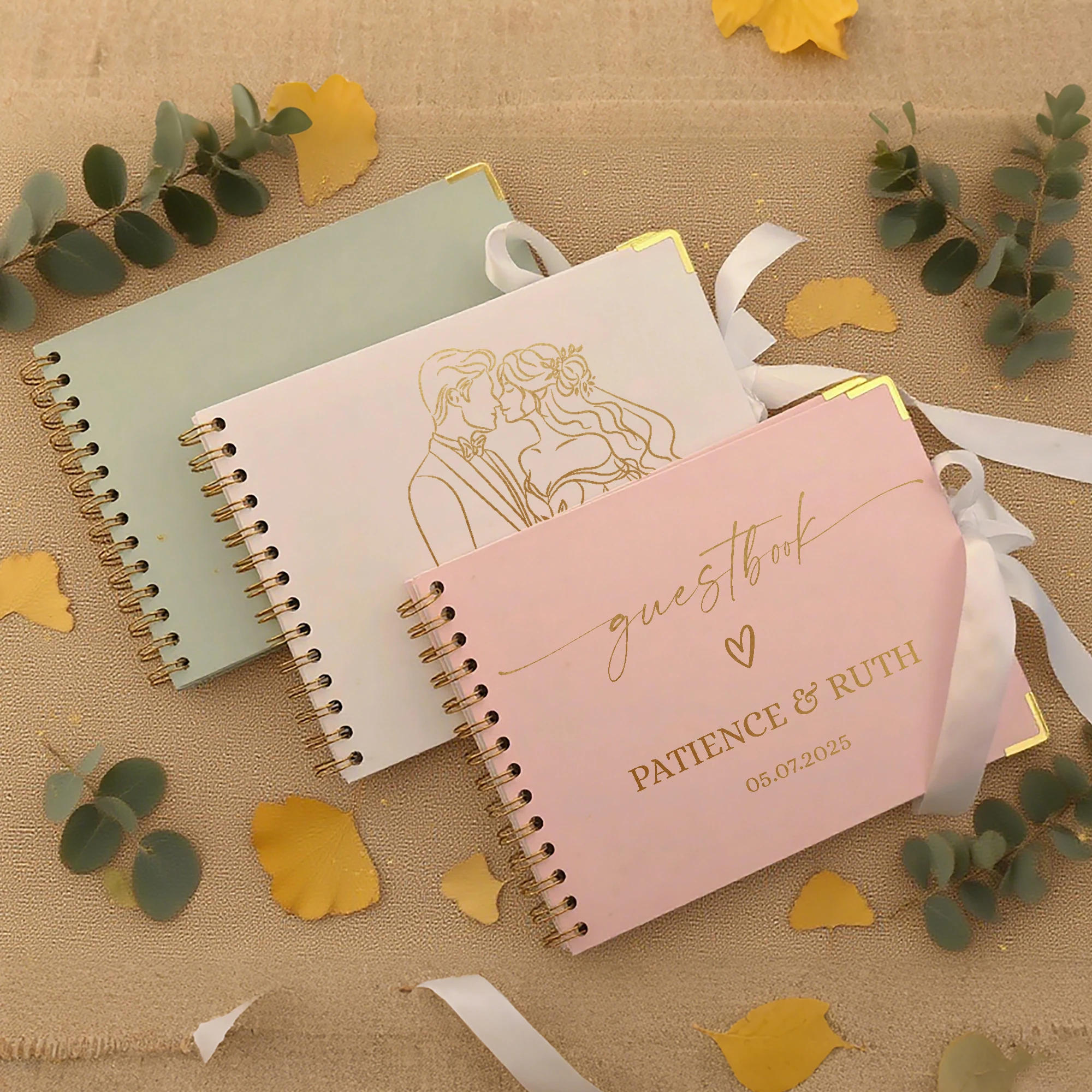 كتاب ضيوف مخصص لحفلات الزفاف باللون الأبيض/الوردي/الأخضر دفتر زوار مخصص للاستقبال مع شريط، كتاب توقيع الخطوبة المخصص #1