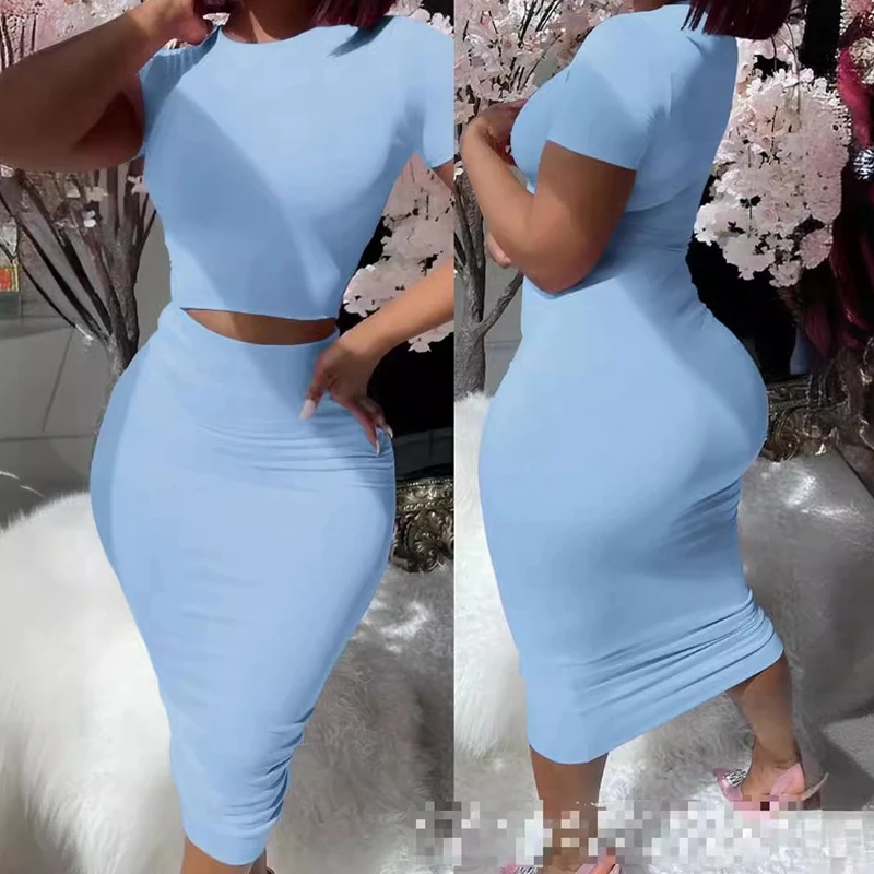 Damen kleid setzt Kurzarm Crop Tops und Mid Calf Rock Anzug Mode 2 Stück Set schlanke Büro Dame Sommer anzüge Kleidung qx2413 – Detail 5