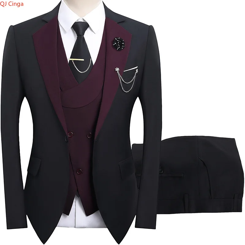 

Мужской костюм-тройка темно-красного цвета, приталенный пиджак азиатских размеров с жилетом и брюками, ансамбль для свадебной вечеринки.