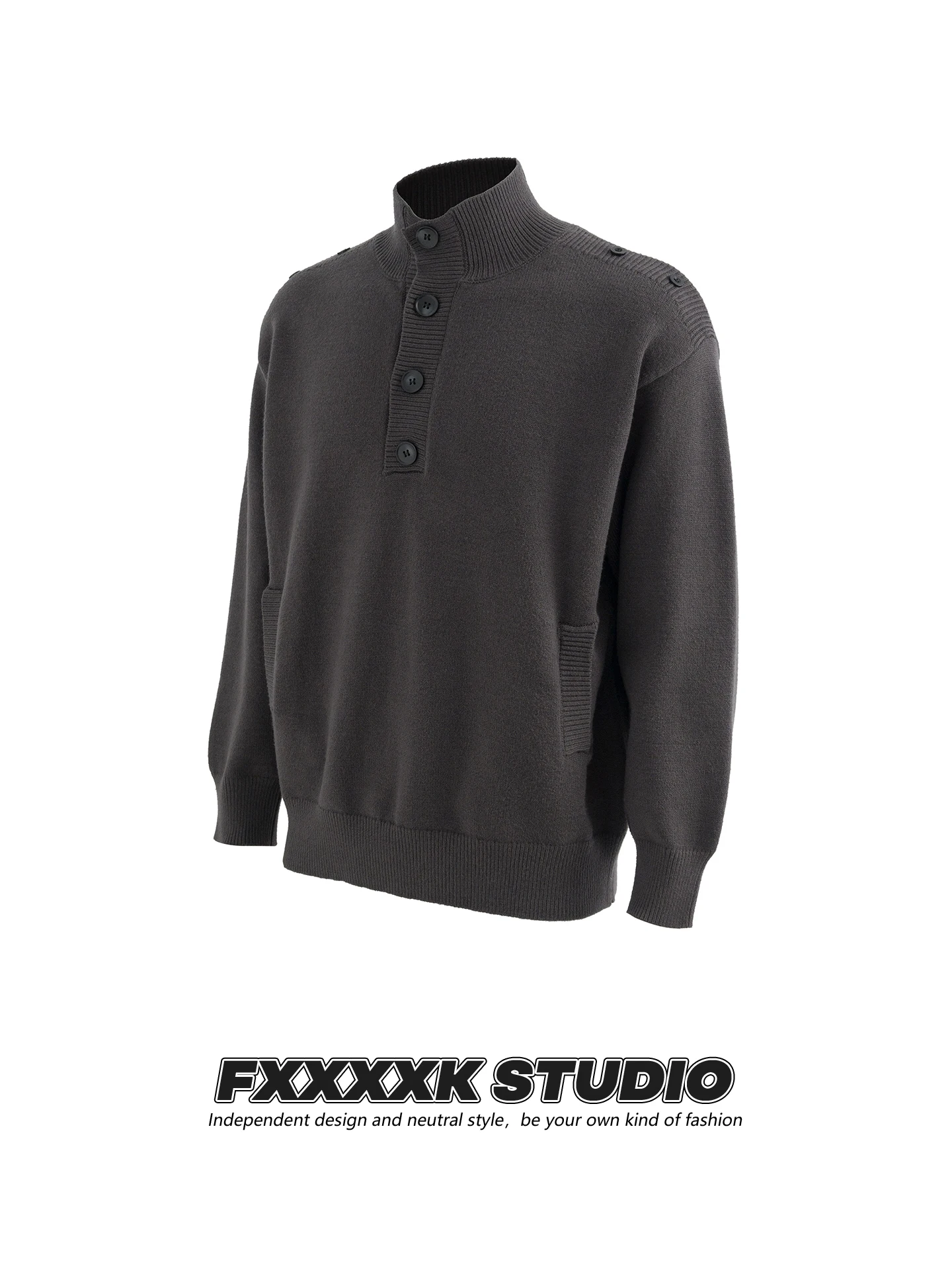 

Мужской свободный вязаный свитер с длинными рукавами, высоким воротником и пуговицами, в американском стиле, модный бренд, вязаная одежда с воротником Хенри, Fce Win