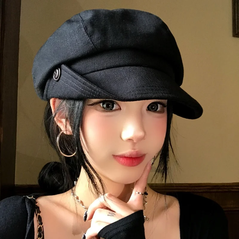 Women's Retro Octagonal Beret Button Edge Fashion Hat Children's Painter's Cap Face Enhancing Art Newspaper Style