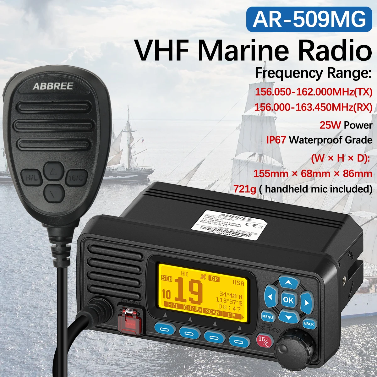 ABBREE AR-509MG راديو بحري VHF 25 وات مع نظام تحديد المواقع مقاوم للماء IP67 DCS اتصل بالولايات المتحدة الأمريكية/INT/CAN قنوات الراديو البحرية جبل ثابت للقوارب #2