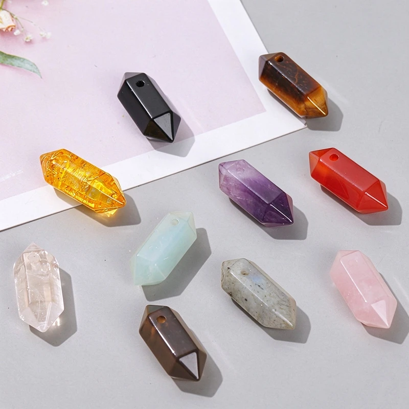 5 Stück natürliche, sechseckige Quarzkristall-, Amethyst- und Tigeraugen-Perlen-Anhänger für die Herstellung von Schmuck, Halsketten und Accessoires. – Detail 4