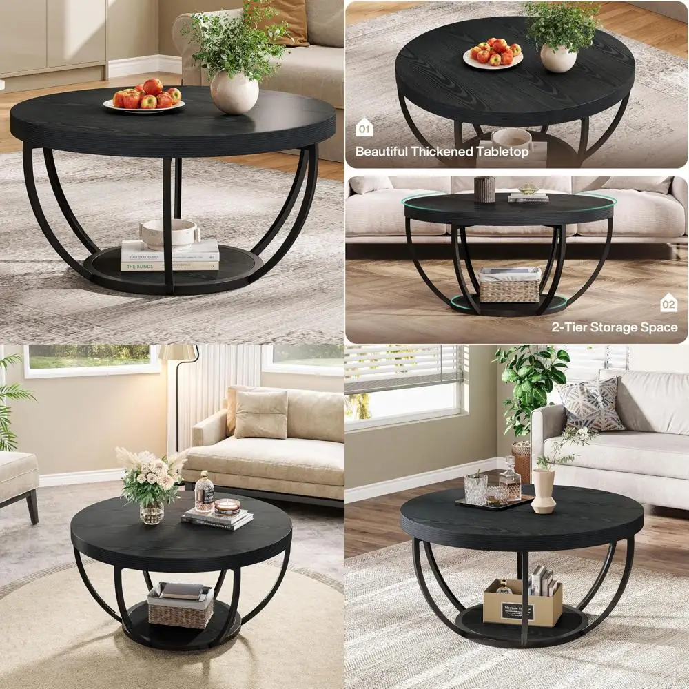

Modern 2-Tier Round Coffee Table with Storage Shelves, 31.7 Accent Cocktail Table for Living Room Center
