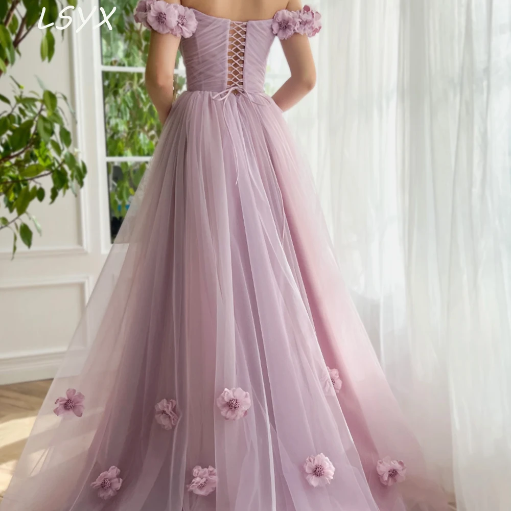 LSYX Purple Off The Shoulder Evening Gown 2024 Applique Flowers A Line High Split Simple Tulle Prom Dresses Robes De Soiree