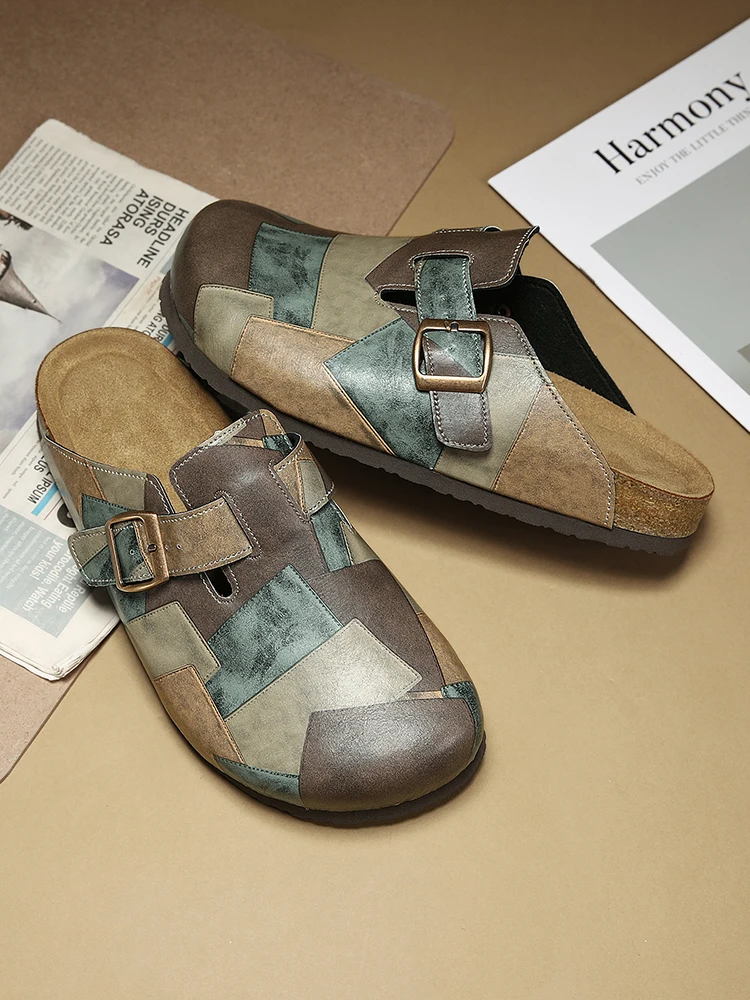 Unisex Cork Closed Toe Slippers Slip-on Clogs Slides Fashion Leather Sandals with Adjustable Buckle Backless Comfort Footbed