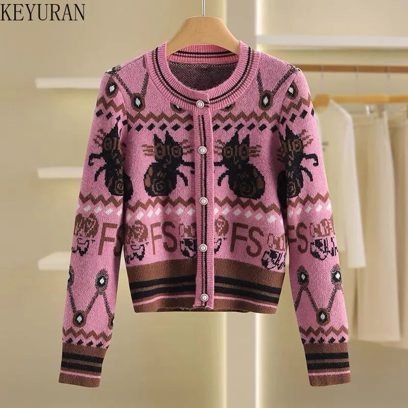 Vintage Jacquard Buttons Sweater Women Spring Autumn Fashion O-neck Long Sleeve Knitted Cardigan Coat Femme Knitwear Tops Jumper