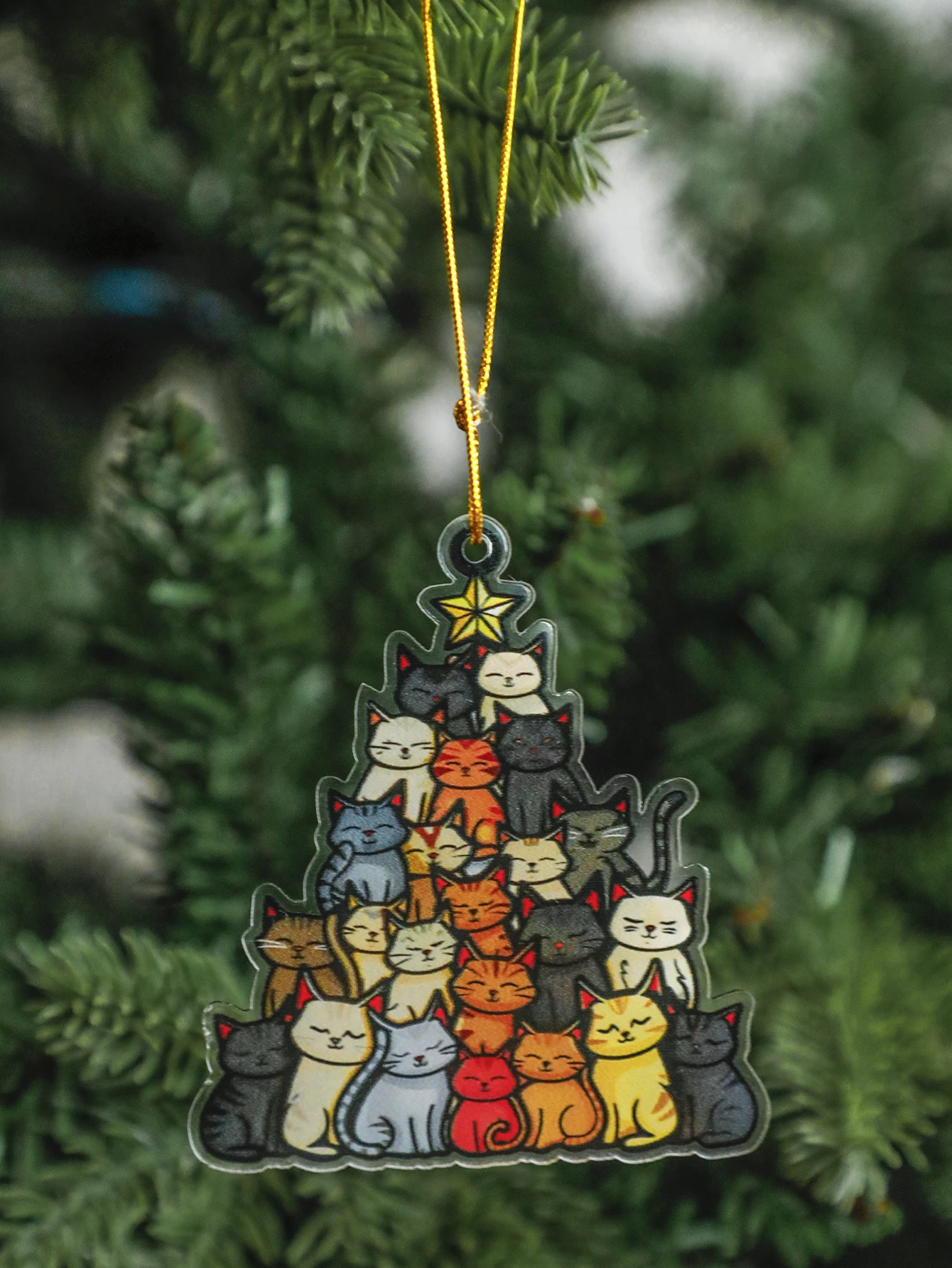 Christmas Acrylic Cat Tree Shape Ornament Cute Colorful Cats Pattern Hanging Decor Festive Xmas Tree Decoration for Home & Party