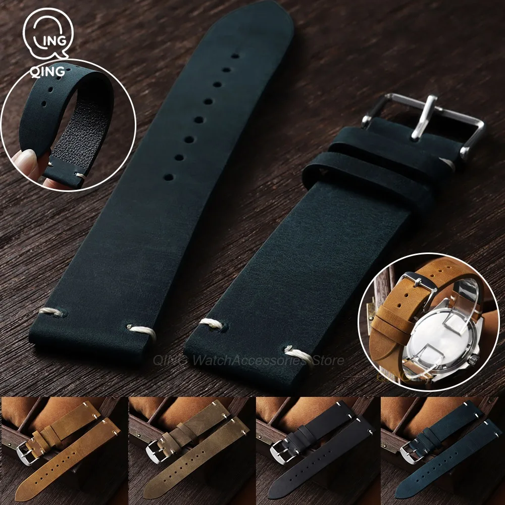 18mm 19mm 20mm 21mm 22mm 24mm Vintage Oil Wax Leather Watch Band for Omega for Seiko Cowhide Strap Smartwatch Bracelet Wristbelt