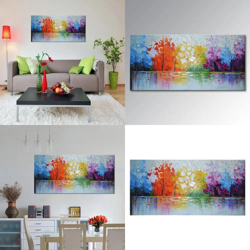 

Modern Abstract Oil Painting on Canvas - Handcrafted Palette Knife Art, Lake Landscape, 40x20, Framed for Wall Decor