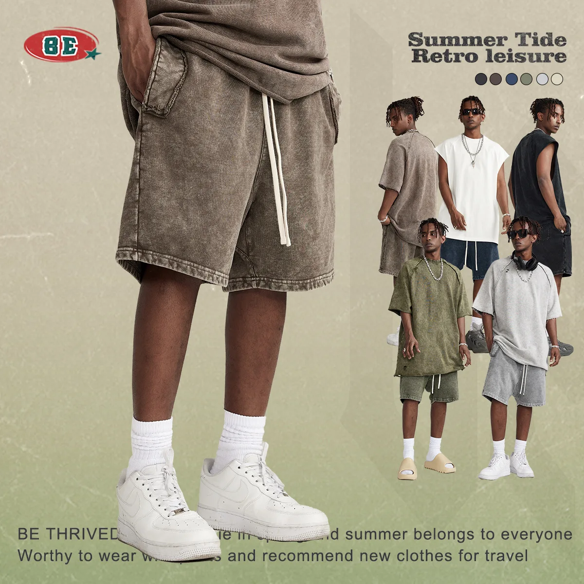 

Мужские летние повседневные хлопковые брюки свободного кроя в американском стиле, винтажные, с эффектом потертости, длиной до колена, прямые, со средней посадкой, для лета