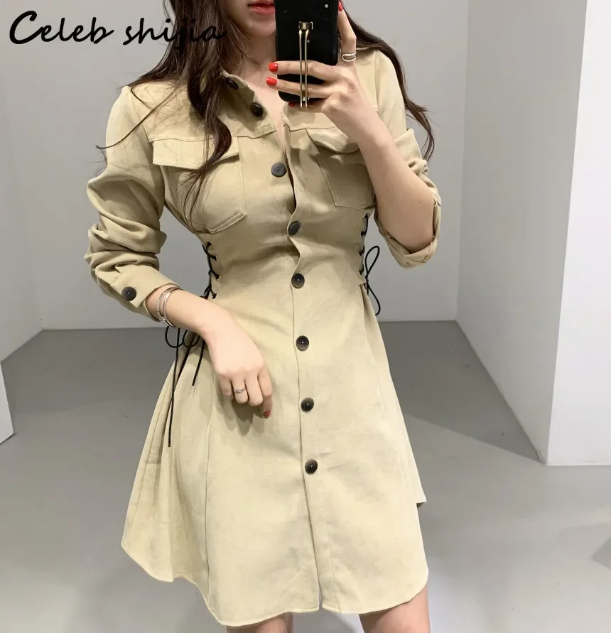 Khaki Chic Bandage Dress Women Single Breasted Spring High Waist Elegant Bodycon Dress Female Long-sleeve Korean Clothing