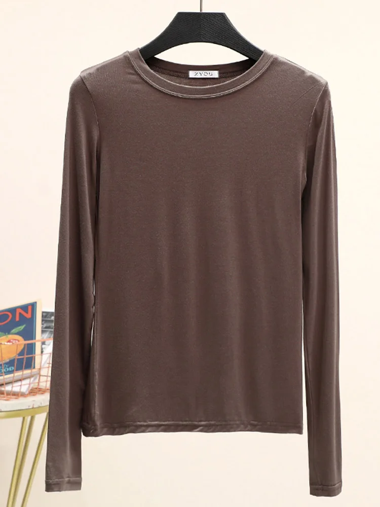 Modal Solid Basic T-shirt O Hals Lange Mouwen Dames Herfst Dieptepunt Tee Tops Alle match T-shirt ondershirt