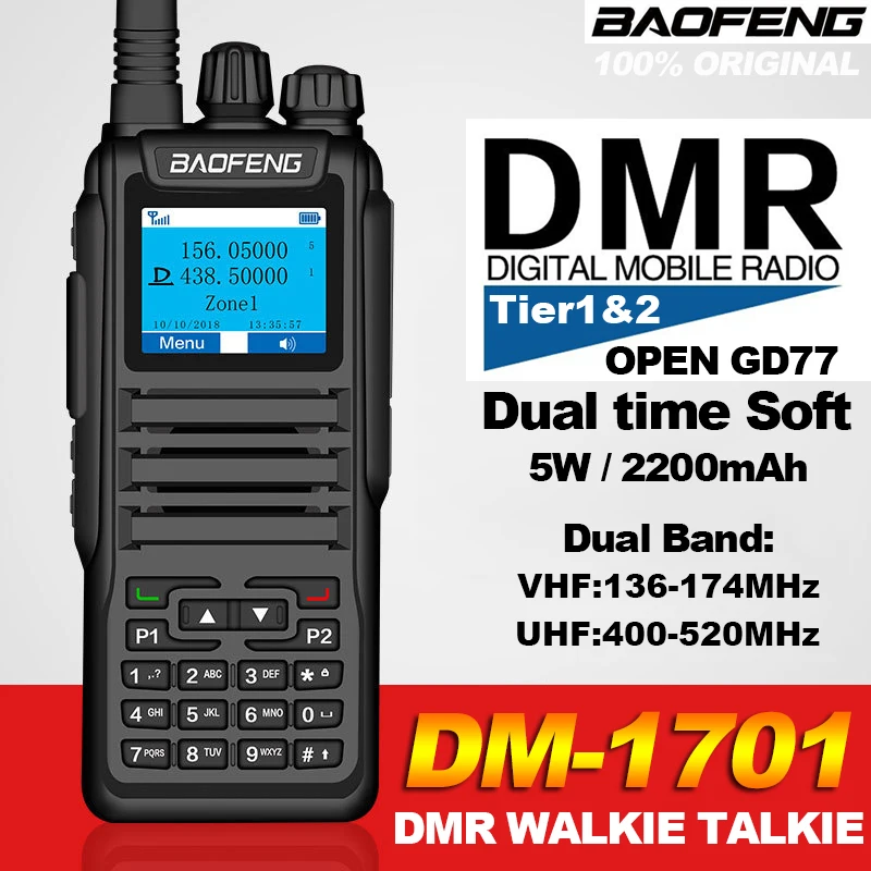 BAOFENG DM-1701 DMR Digital Walkie Talkie GD77 Dual Time Slot Long Range Two Way Radios Analog Digital Tier 1&2 Radio DM1701