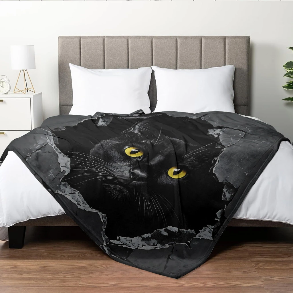 Dark Crack Wall Background Central Black Cat With Vivid Yellow Eyes Gothic Pet Full Print Fluffy Blanket Warm Couch Cover Gift