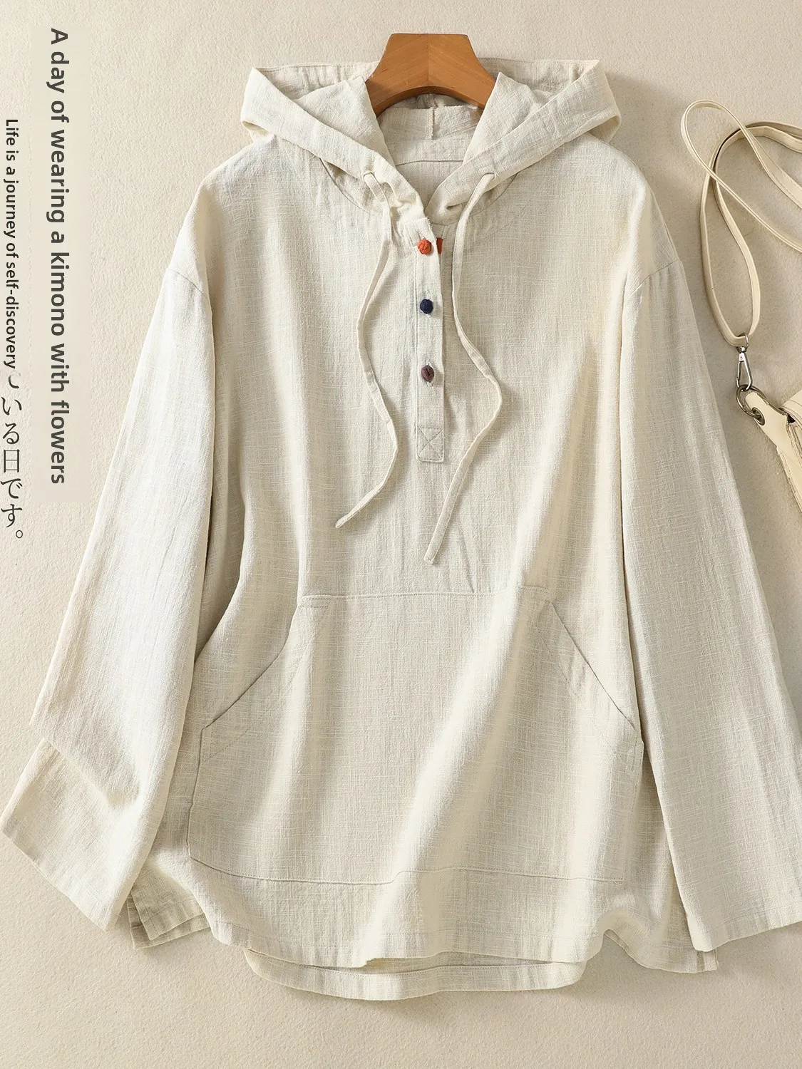 Sudadera con capucha de lino para mujer, Top Retro Zen de lino y algodón con Base holgada para primavera y otoño, Color puro para ir al trabajo