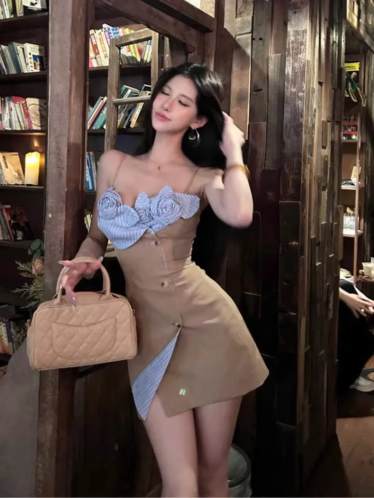 

Summer Dresses Women Spaghetti Strap Dress Striped Patchwork Frock Design One-Piece Coquette Evening Shoujo Party Prom Gown New