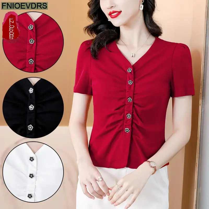 S-3XL 2023 Women Summer Short Sleeve Elegant Office Lady Work Button Shirt Casual Slim Wine Red Black White Short Tops Blouses