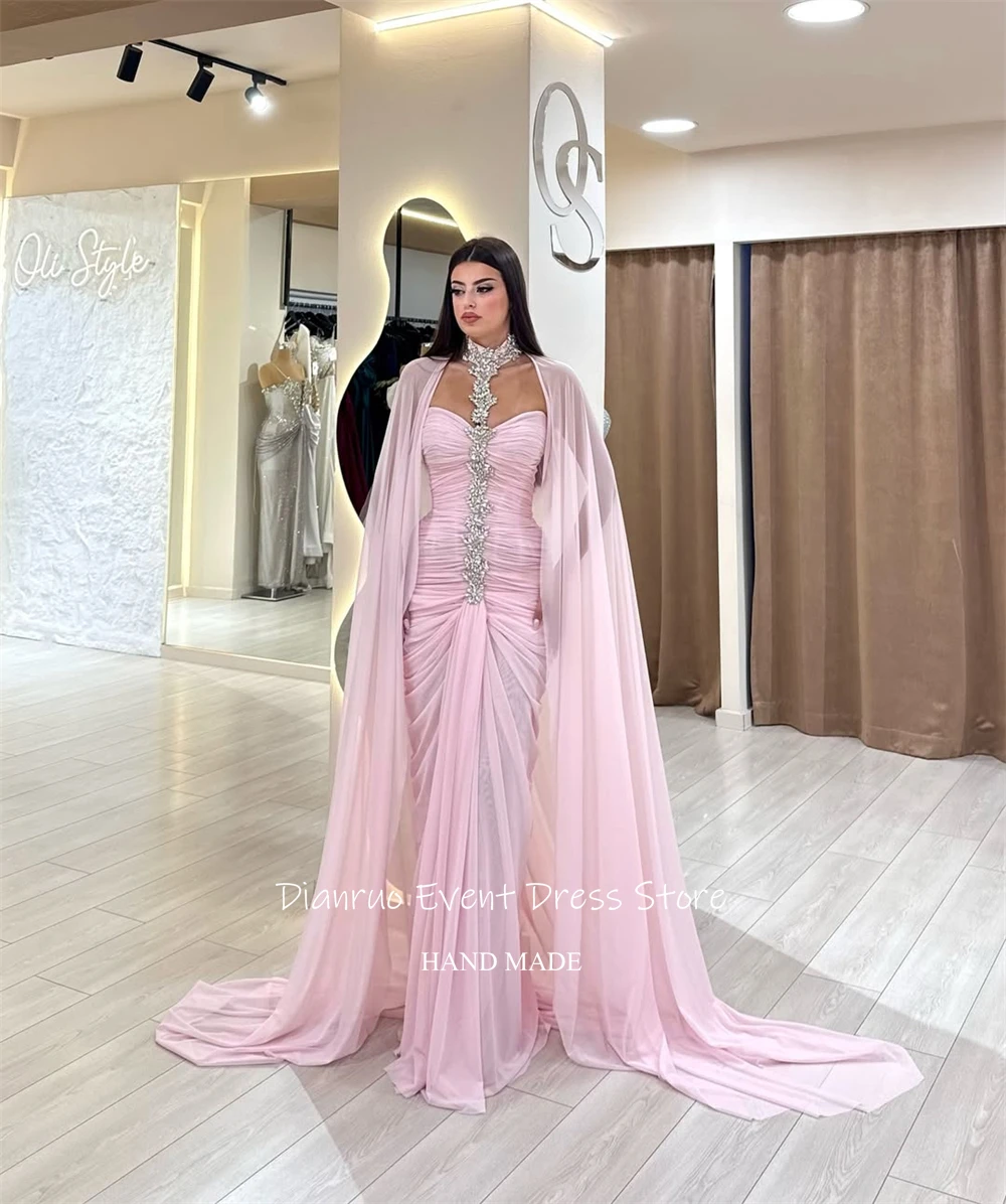 Dianruo ロマンチックなピンクのイブニングドレスキラキラビーズ付き Vestidos De Festa シフォンケープスタイルマーメイドローブ・ド・ソワレカスタマイズ