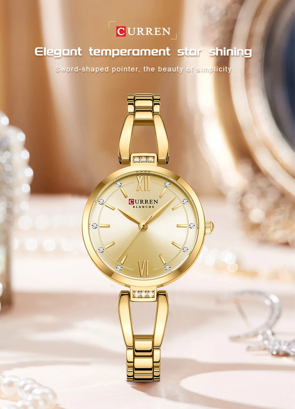 CURREN Luxusmarke Damen-Armbanduhr, wasserdicht, Edelstahlarmband, elegantes, charmantes Zifferblatt mit Strasssteinen, Damenuhr – Detail 1