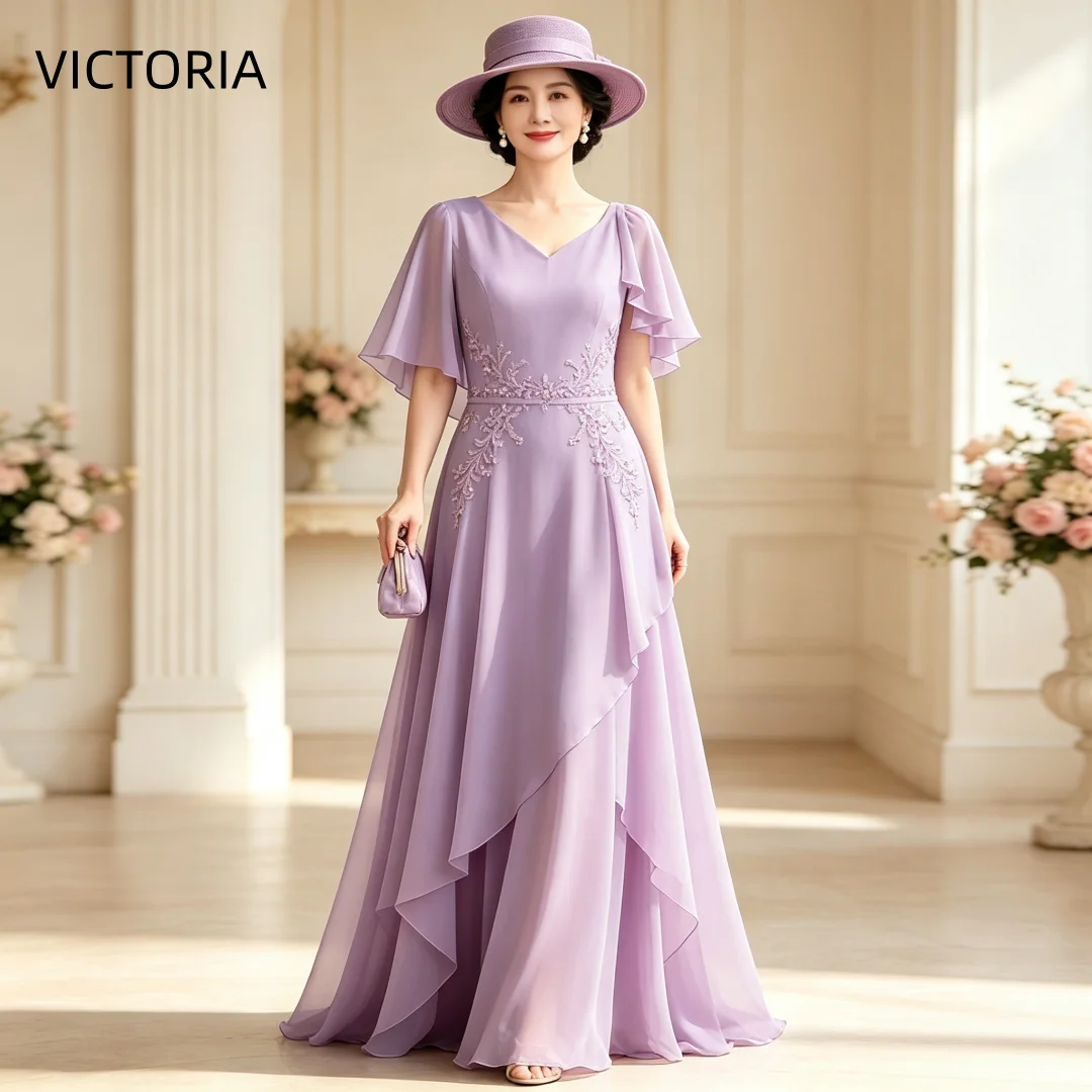 VICTORIA Elegant Lavender  Mother Of The Bride Dresses A-line V-Neck Elegant Evening Dresses Layered Wedding Guest Dress Custom