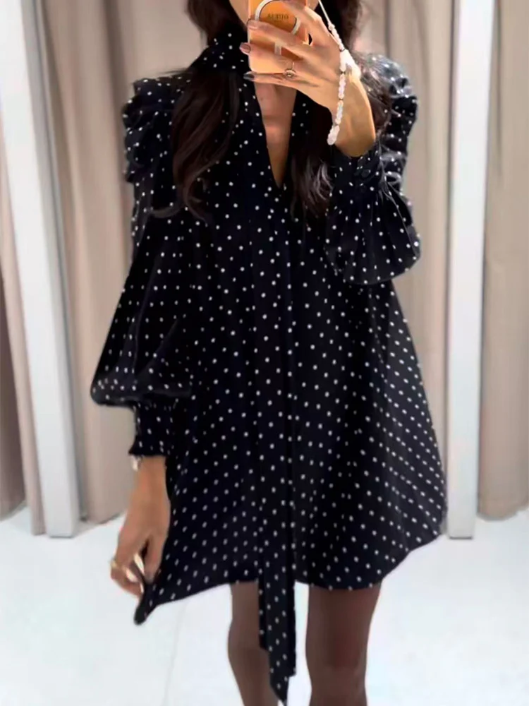 2026年新作 レディース Vネック ミニドレス ファッション 水玉模様プリント 長袖ドレス カジュアル ショートドレス スカーフ付き シックな婦人服