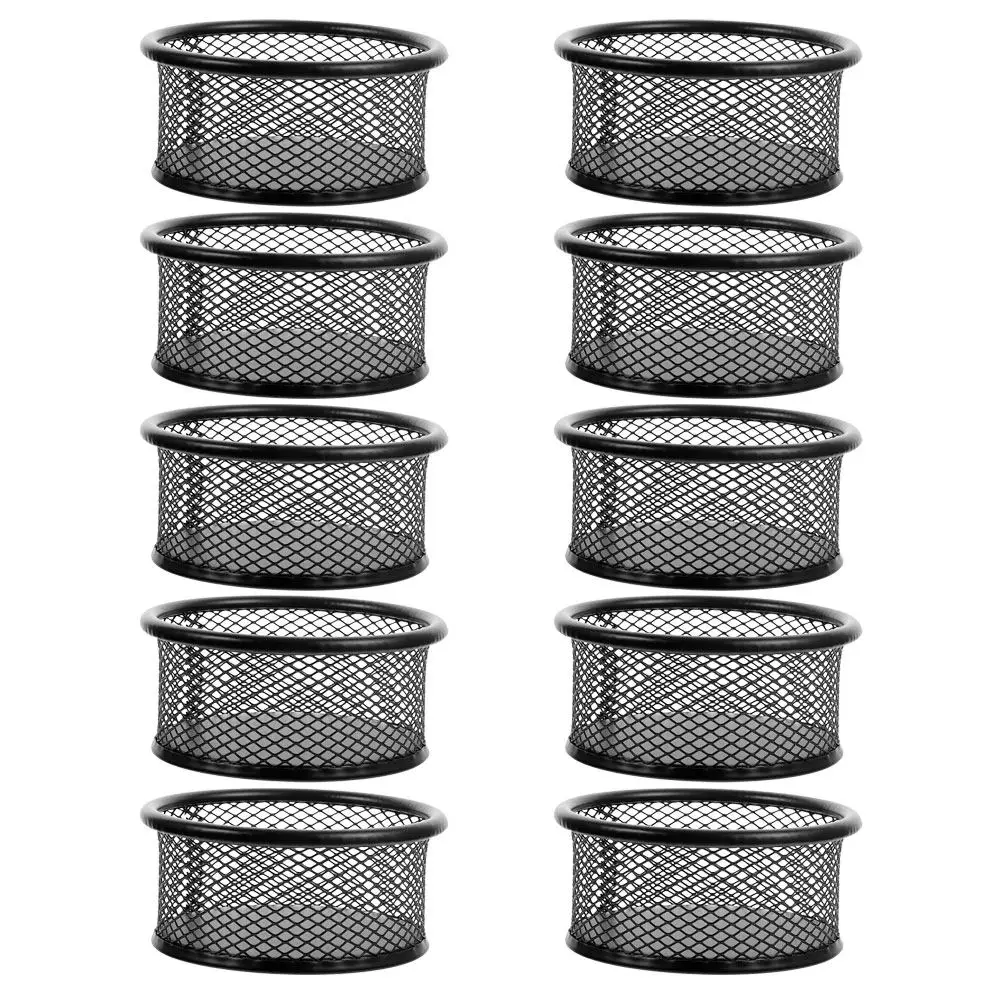 10Pcs Round Iron Paperclip Holder Black Wire Mesh Desk Organizer for Paper Clips Binder Clips Rubber Bands Earbuds USB Storag