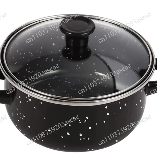 Vintage Household Enamel Soup Pot Double Handles Round Flat Bottom Cooking Pan With Transparent Glass Lid
