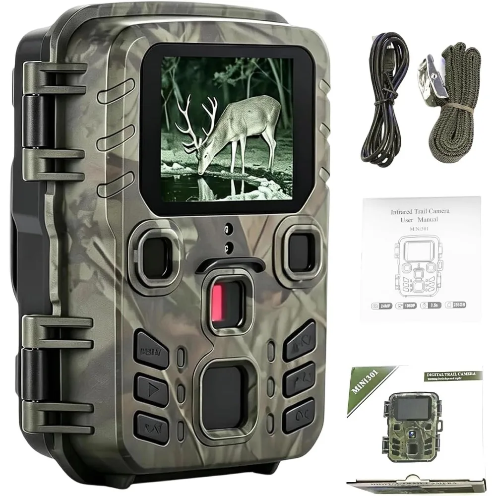 Mini Trail Game Camera Night Vision 1080P 24MP Waterproof Hunting Camera Outdoor Wild Photo Traps with IR LEDs Range Up To 65ft